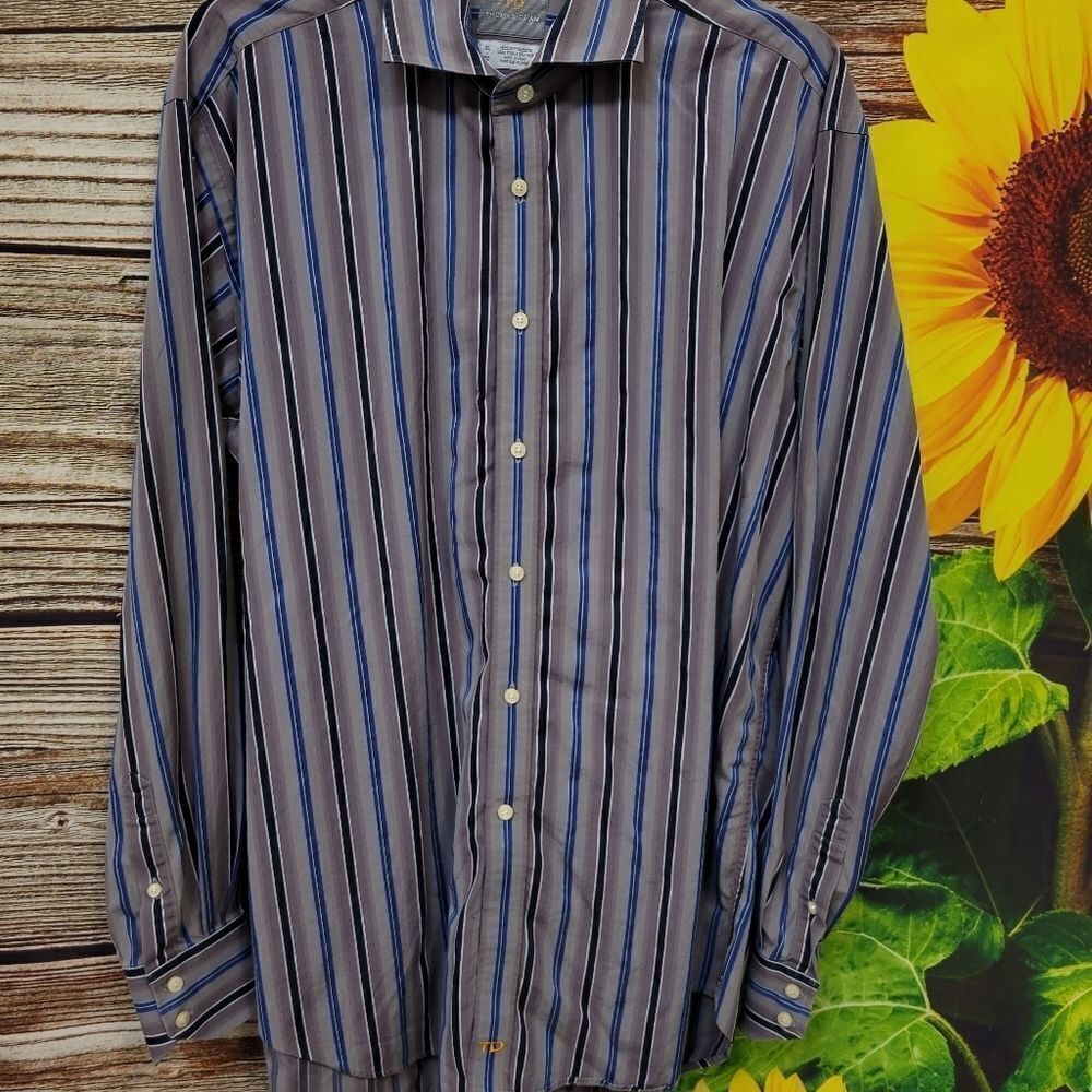 Thomas Dean Men's Long Sleeve Dress Shirt blue/clay stripped XL Pre-owned